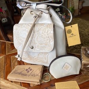 Patricia Nash SABINA Leather Drawstring Bag + Zipper Pouch, White Tooled NWT